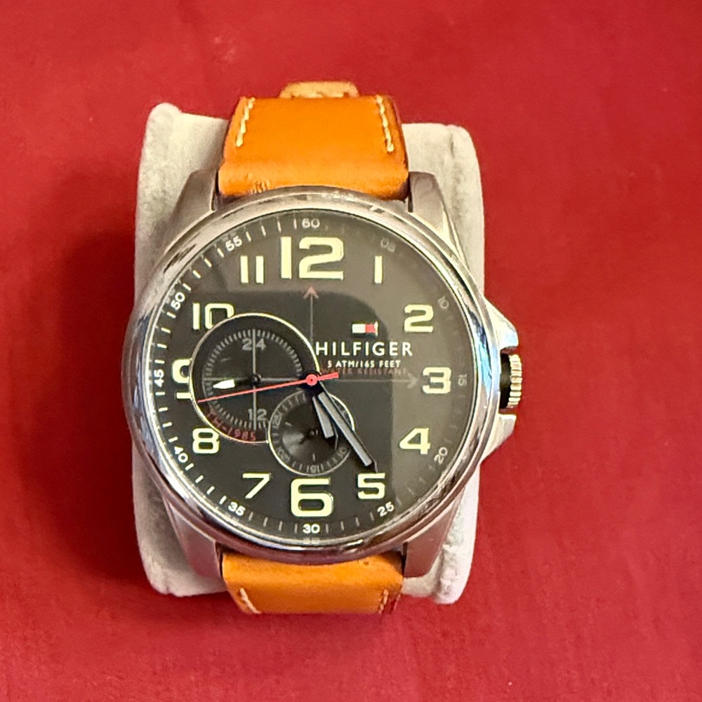 Tommy Hilfiger Men's Orange Leather Strap Watch with Black Dial